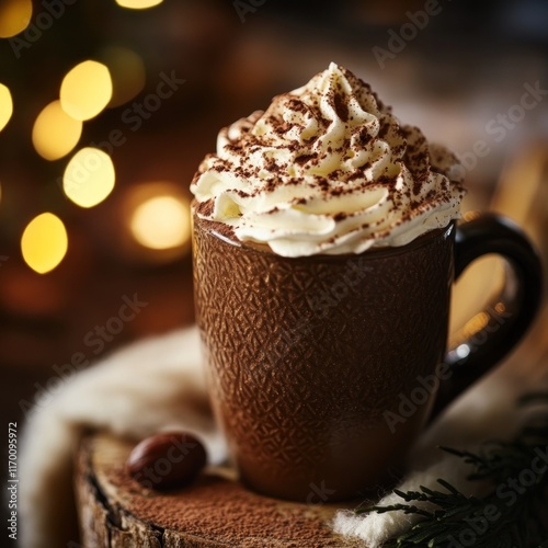 Warm cocoa drink topped with whipped cream and cocoa powder in a brown mug.
