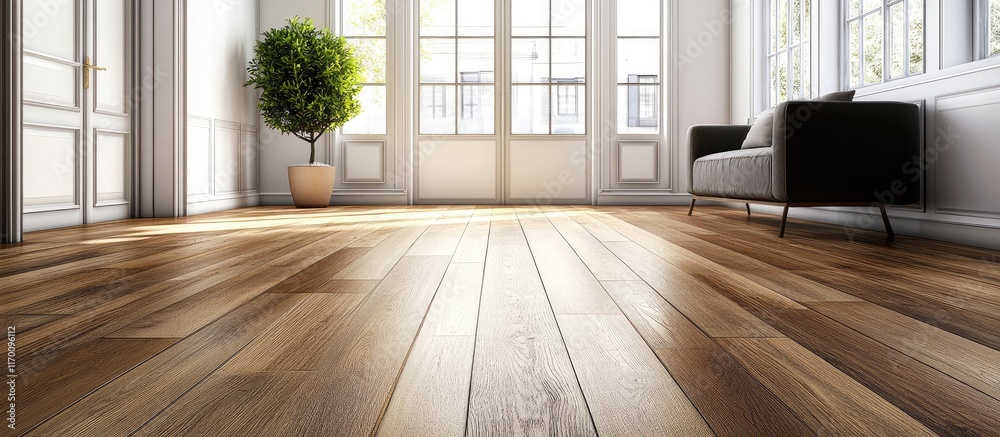 Obraz premium Elegant wooden flooring and stylish door design enhance the airy ambiance of a beautifully renovated interior space
