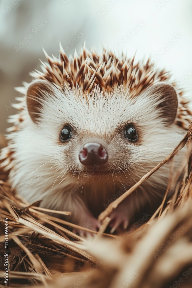 Fototapeta premium A close-up image of a brown hedgehog nestled in dry straw, giving a sense of warmth and comfort.