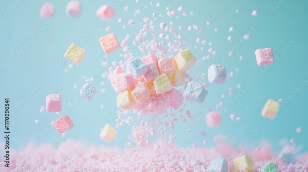 Pastel colored miniature marshmallows bursting in air with a soft background creating a whimsical and playful confectionery scene Pastel colored miniature marshmallows bursting in air with a soft background creating a whimsical and playful confectionery scene