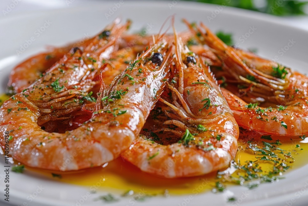 Shrimp dish with lemon and herbs, seafood entree with garnishes on white plate. Shrimp dish with lemon and herbs, seafood entree with garnishes on white plate.