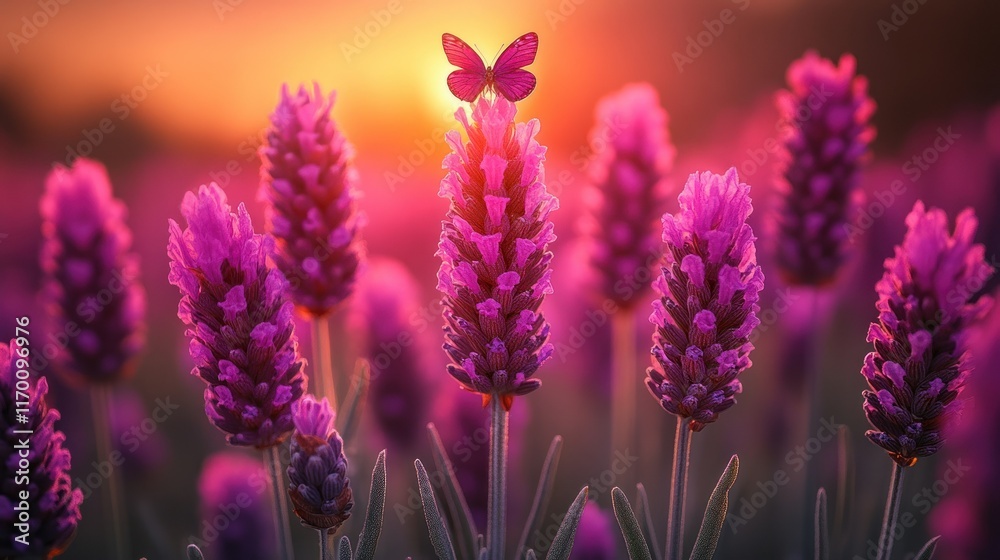 Obraz premium Lavender field at sunset with a butterfly on a flower.