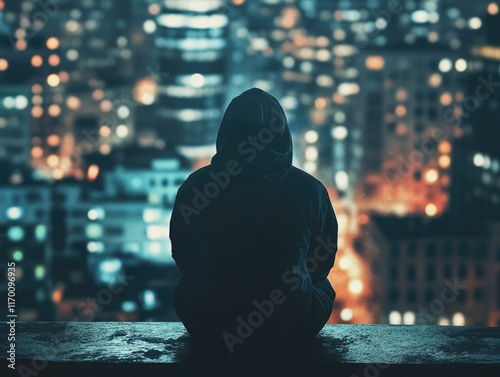 Man sitting on rooftop overlooking lights of city, wearing hoodie and reflecting, possibly contemplating or escaping from life's pressure.