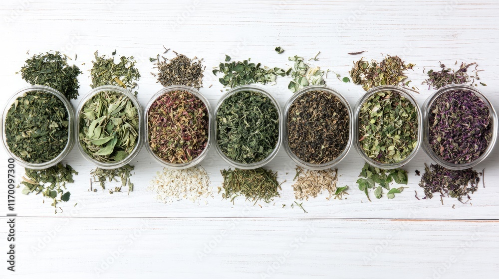 Fototapeta premium Variety of dried medicinal herbs and tea leaves displayed in jars on a white wooden table showcasing natural health benefits and culinary uses