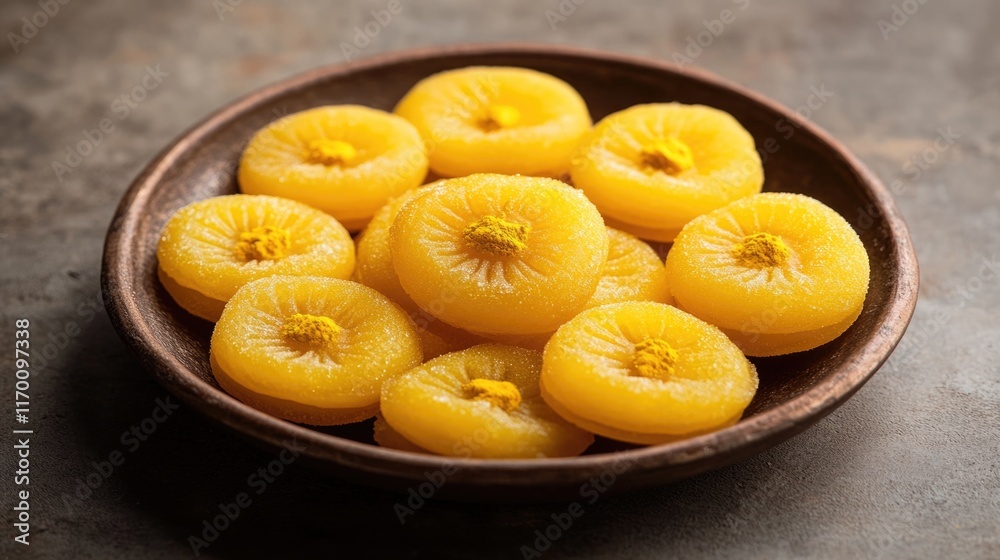 Bowl of yellow candies with a floral design. The candies are arranged in a circle pattern Bowl of yellow candies with a floral design. The candies are arranged in a circle pattern