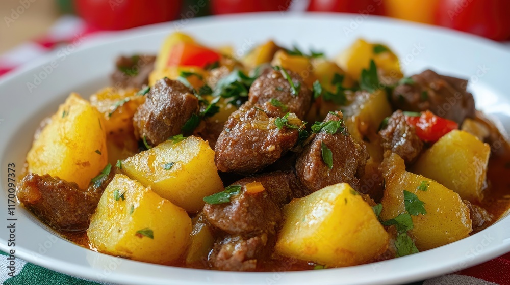 Savory beef stew with tender potatoes and vibrant vegetables garnished with fresh herbs on a white plate Savory beef stew with tender potatoes and vibrant vegetables garnished with fresh herbs on a white plate
