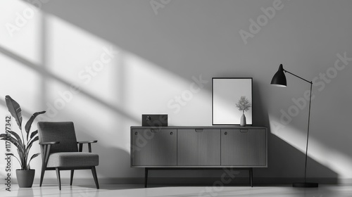 Minimalistic grey interior design featuring dark furnishings and natural accents in a contemporary setting with strong lighting shadows