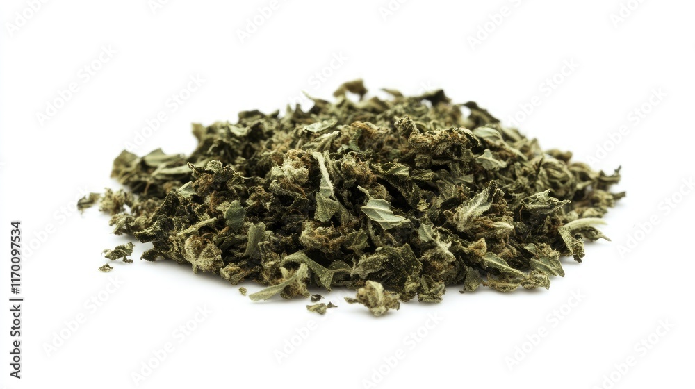 Dried medical marijuana leaves in a close-up view on a clean white background for wellness and alternative medicine concepts Dried medical marijuana leaves in a close-up view on a clean white background for wellness and alternative medicine concepts