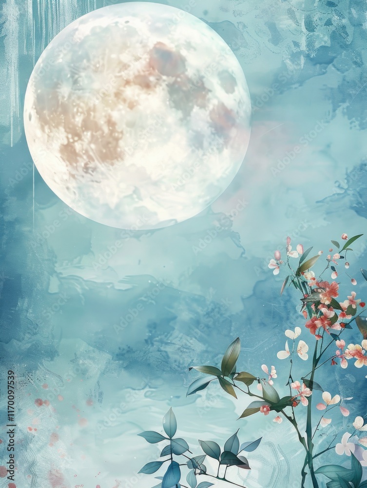 Artistic representation of a full moon over a tranquil landscape with spring blossoms and tree branches. Artistic representation of a full moon over a tranquil landscape with spring blossoms and tree branches.