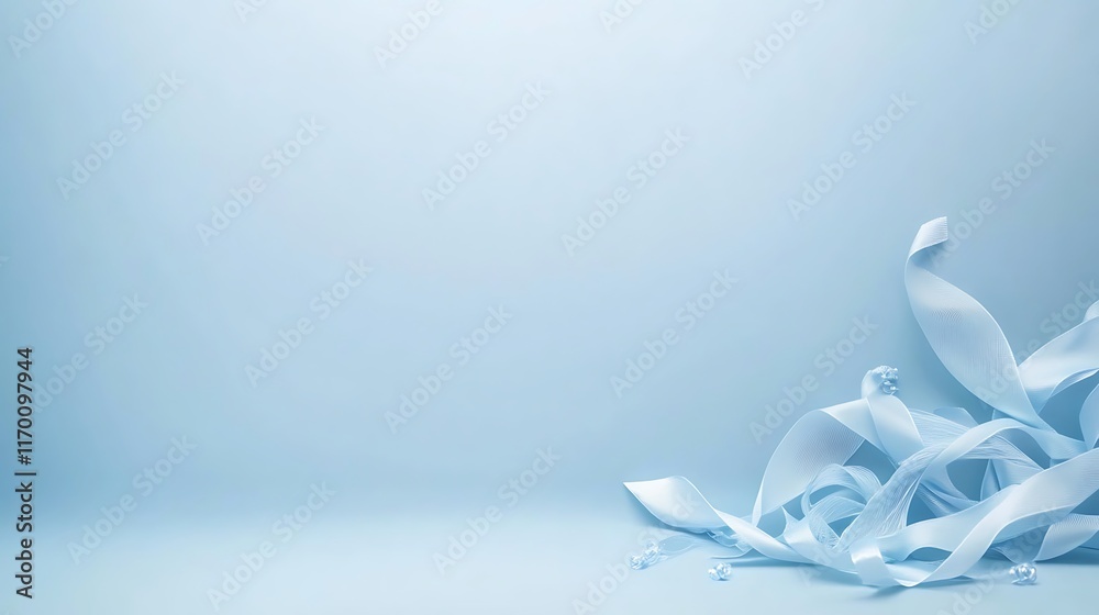 Light Blue Ribbons and Beads on a Blue Background Light Blue Ribbons and Beads on a Blue Background