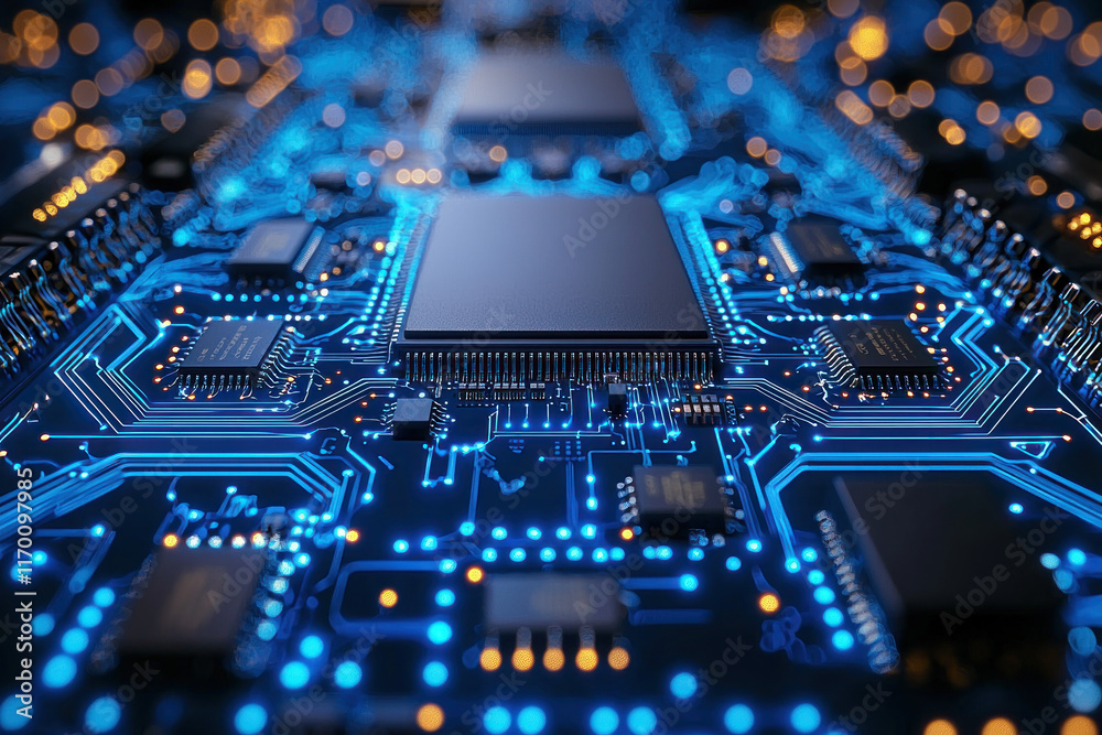 Fototapeta premium Close-up of CPU on circuit board with blue lights.