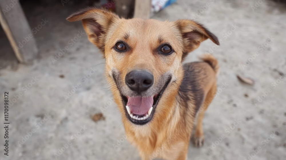A cheerful dog with a bright smile, standing on a dirt surface. A cheerful dog with a bright smile, standing on a dirt surface.