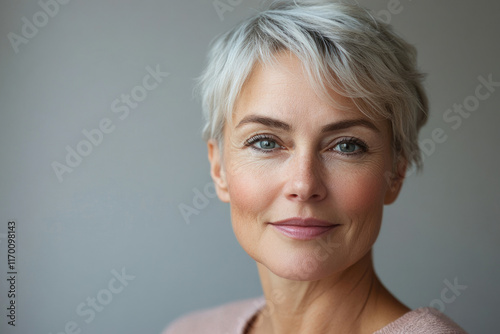 A confident mature woman with short, stylish gray hair and a gentle smile.