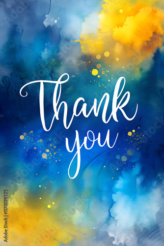 Artistic 'Thank You' cursive handwritten text on a vibrant blue and yellow watercolor background, creative and elegant design for gratitude cards and cheerful themes