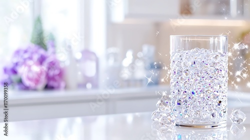 Clear glass filled with iridescent beads on kitchen counter.