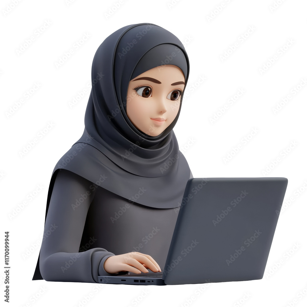 3D A woman wearing a hijab using a laptop. Simple style. isolated transparent background 3D A woman wearing a hijab using a laptop. Simple style. isolated transparent background