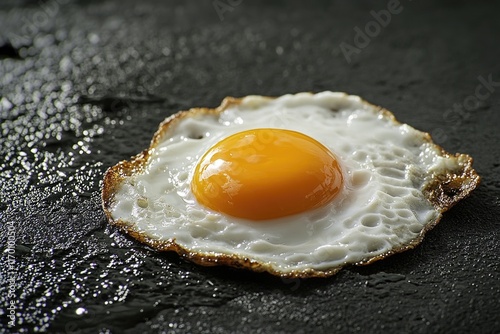 Yummy yellow yolk of a fried egg, ready to be eaten. Perfect for a hearty breakfast. photo