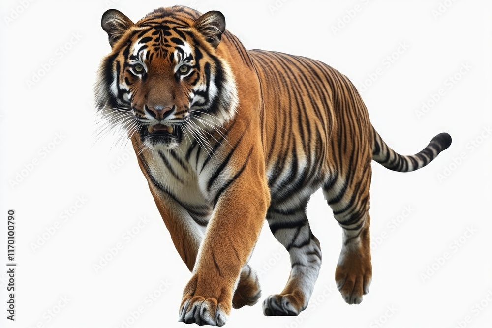 Fototapeta premium A single Bengal tiger walking with a determined look on its face. A close-up image highlights the animal's features and muscular build.