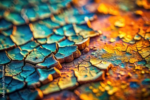 Detailed, high-res tilt-shift photo: miniature world of cracked paint up close. photo