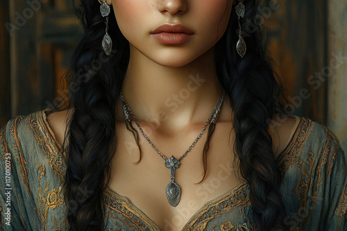 A portrait of a woman with long braided black hair, wearing an ornate silver necklace and earrings, in a richly embroidered teal gown. photo