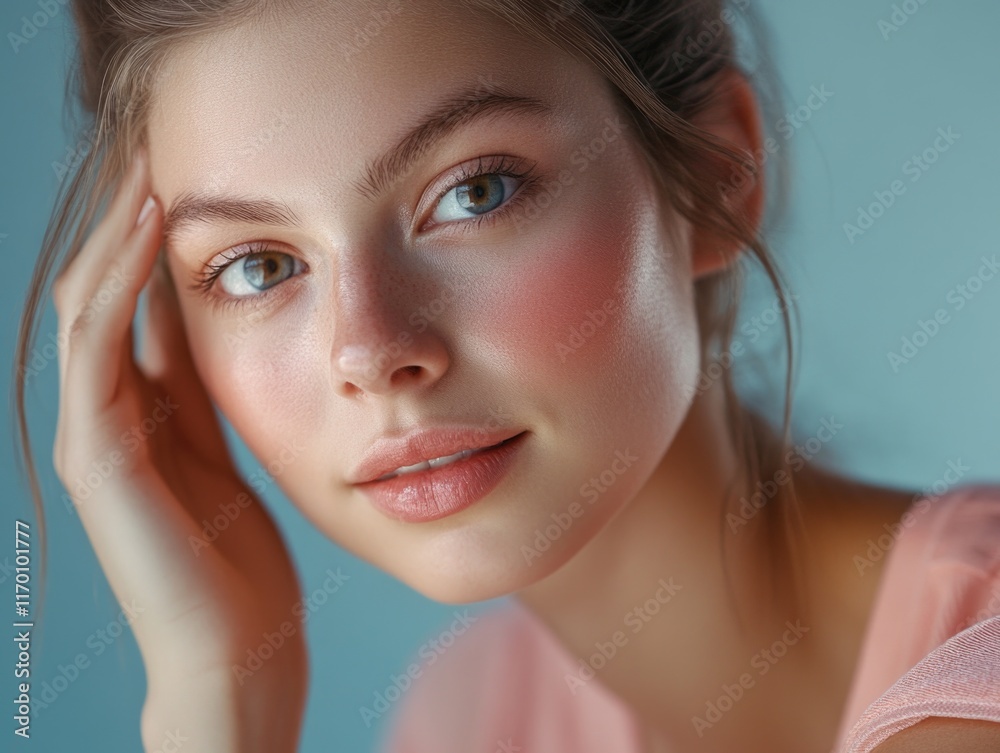 The image features a young woman with fair skin, blue eyes, and a gentle expression. She has delicate makeup on her cheeks and lips, enhancing her natural beauty. The image features a young woman with fair skin, blue eyes, and a gentle expression. She has delicate makeup on her cheeks and lips, enhancing her natural beauty.