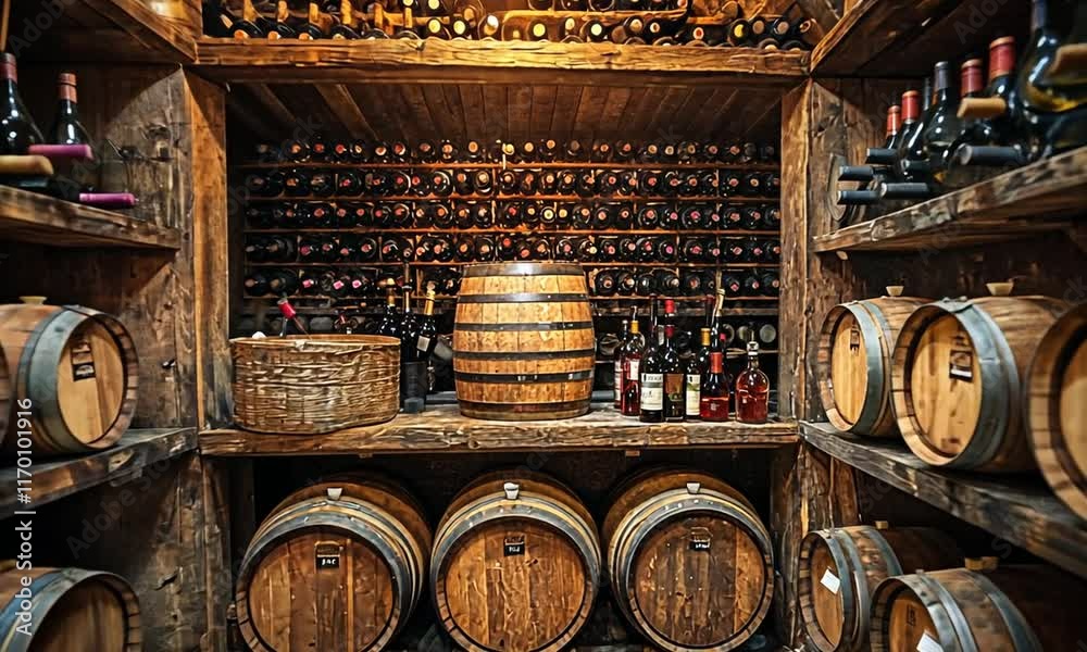 A rustic wine cellar filled with barrels and bottles, showcasing a collection of wines.