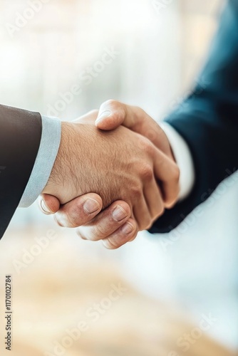 Hands clasped in a firm grip over a desk.