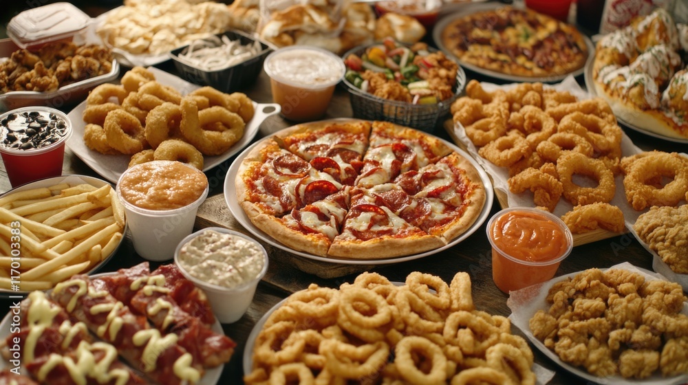 A colorful array of food items served at a buffet, including pizza, fries, sandwiches, desserts, grilled cheese, and more. A colorful array of food items served at a buffet, including pizza, fries, sandwiches, desserts, grilled cheese, and more.