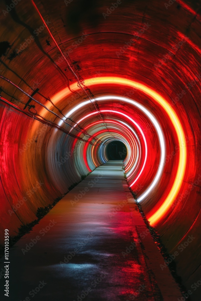 A vibrant tunnel with red and white neon lights leading down a curved path, suggesting an underground walkway or urban design feature. A vibrant tunnel with red and white neon lights leading down a curved path, suggesting an underground walkway or urban design feature.