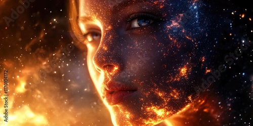 Fantasy image of a woman's face with cosmic elements, fire and smoke, against a starry background.
