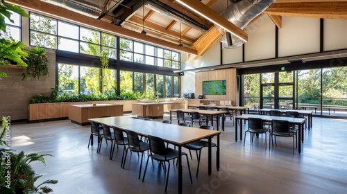 Collaborative learning space emphasizing accessibility and adaptive technology in a brightly colored environment
