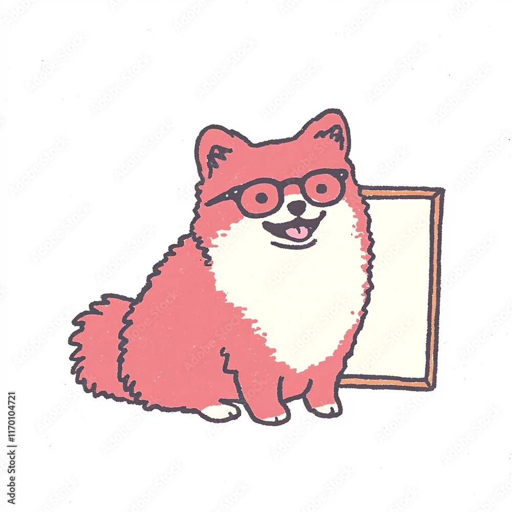 Charmingly Illustrated Pomeranian Dog Wearing Glasses Next to Blank Canvas. AI Generated Charmingly Illustrated Pomeranian Dog Wearing Glasses Next to Blank Canvas. AI Generated