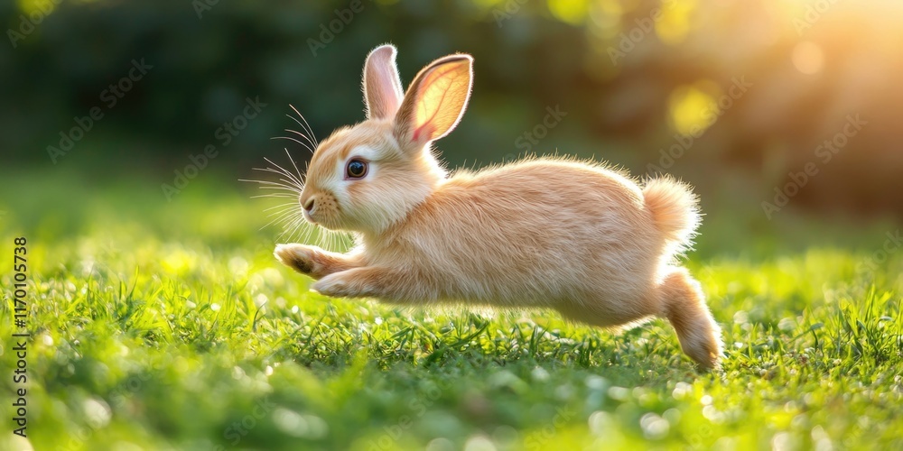 Fototapeta premium A bunny is dashing on a grass lawn under the sun. The image captures the essence of springtime energy and playfulness.