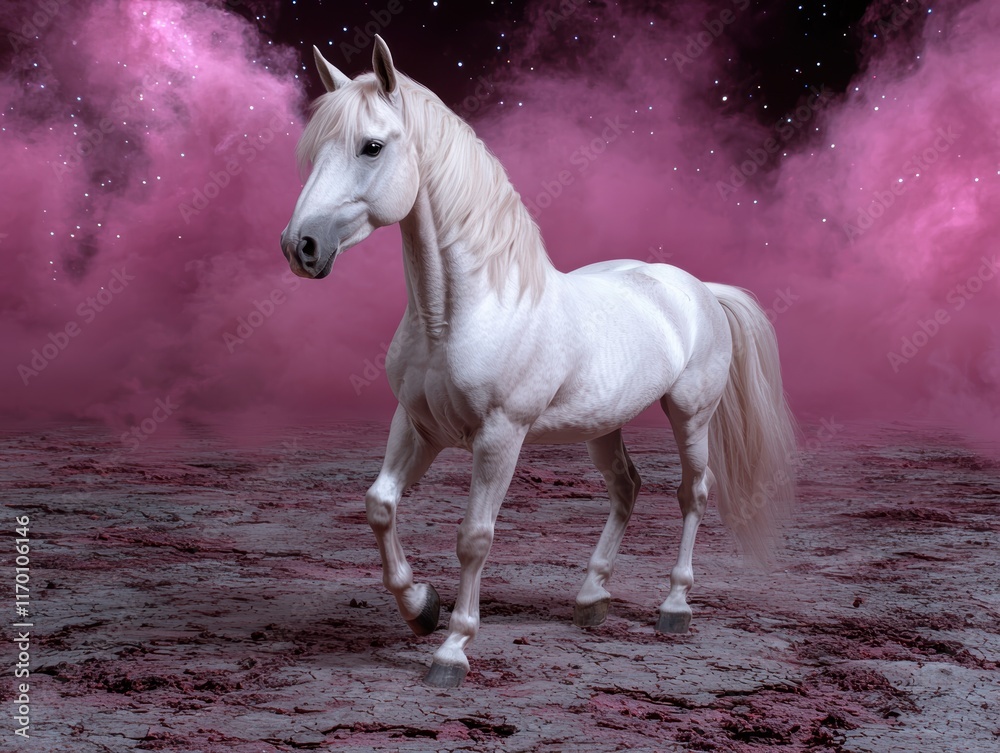 Obraz premium White horse in a pink nebula