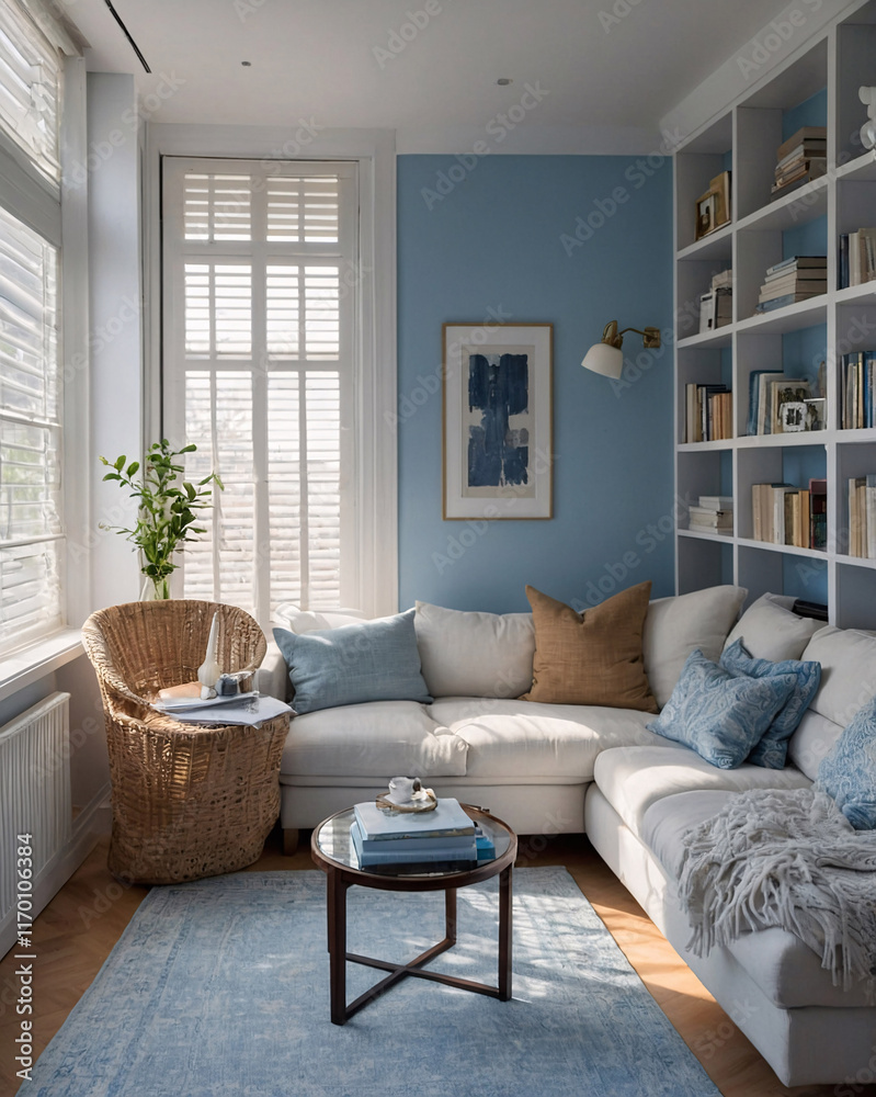 Fototapeta premium Chic reading and living room combination featuring a baby blue sofa bookshelves and large windows letting in natural light transitional interior design