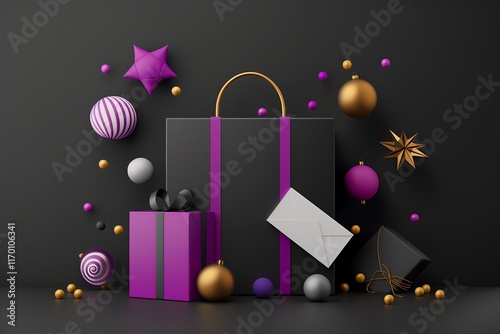 Dynamic Black Friday banner design with 3D product images popping out of the banner, surrounded by colorful sale stickers. photo