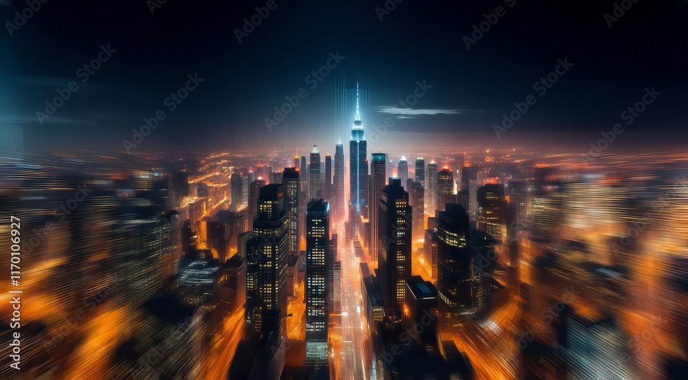 Fototapeta premium Cyber Digital City. A modern city skyline at night. Future urban landscape. Future city skyscrapers. Cyber photo of future city view of modern big skyscrapers.