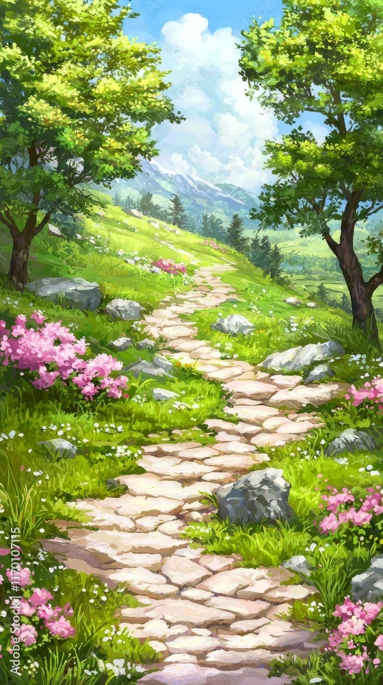 Stone Path Winding Through a Meadow with Flowers, Trees, and Mountains Stone Path Winding Through a Meadow with Flowers, Trees, and Mountains