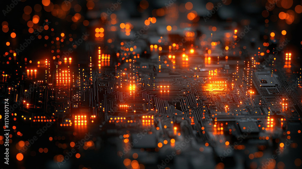 Close-up of circuit board with glowing orange lights. Close-up of circuit board with glowing orange lights.