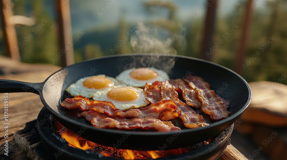 Rustic Outdoor Breakfast Scene Featuring Sizzling Bacon and Eggs in Pan Over Fire with Scenic Background of Trees and Nature Rustic Outdoor Breakfast Scene Featuring Sizzling Bacon and Eggs in Pan Over Fire with Scenic Background of Trees and Nature