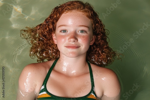 Redhead girl with freckles floats in a pool