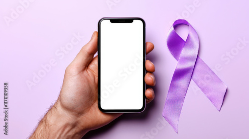 A phone with an empty white screen in a man's hand, top view. A mockup of a trendy phone next to a purple epilepsy awareness ribbon photo