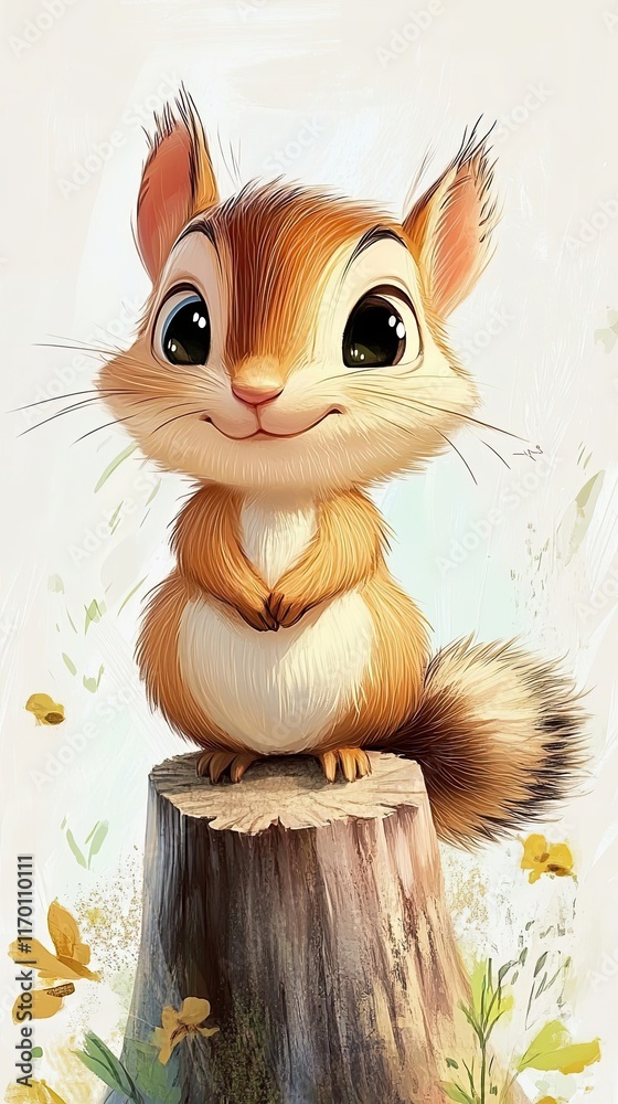 Fototapeta premium Adorable Cartoon Squirrel Perched Atop Tree Stump