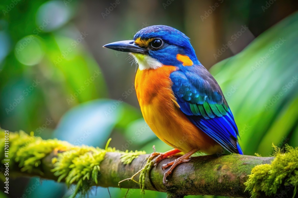 Obraz premium Exotic avian wildlife: a breathtaking blue and yellow bird captured in vivid photography.