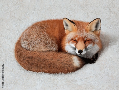 Cute red fox curled up sleeping on a fluffy white blanket photo