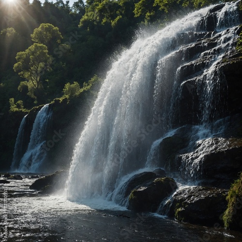 Capture the spray of water at the base of a large waterfall. photo