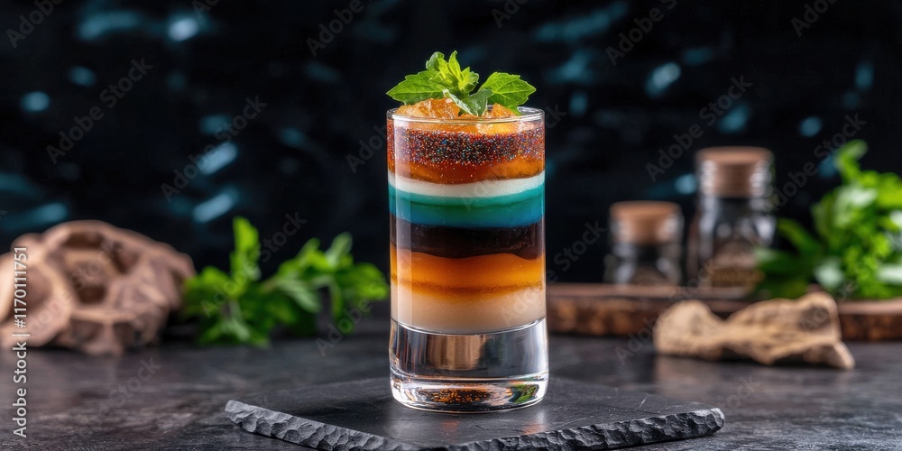 Craft cocktails spirits taste concept, A colorful layered cocktail garnished with mint, set against a dark background with natural elements. Craft cocktails spirits taste concept, A colorful layered cocktail garnished with mint, set against a dark background with natural elements.