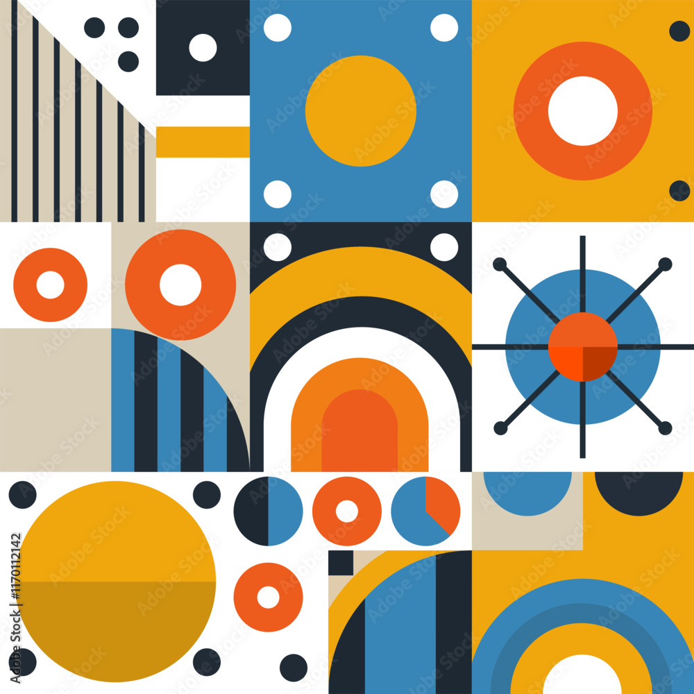 Modern geometric pattern with abstract shapes like circles, triangles, and lines in vibrant orange, blue, black, and beige. Perfect for backgrounds, wallpapers, and prints. Modern geometric pattern with abstract shapes like circles, triangles, and lines in vibrant orange, blue, black, and beige. Perfect for backgrounds, wallpapers, and prints.