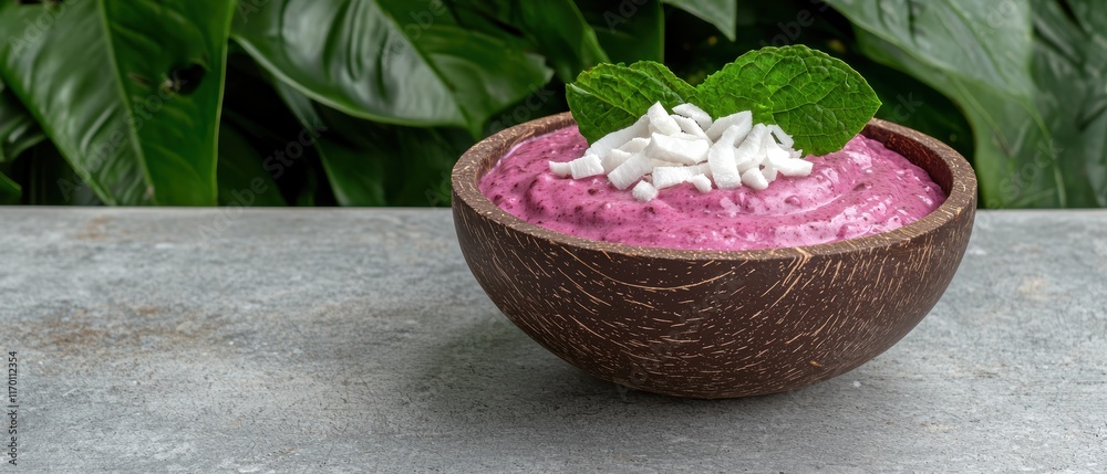 Delicious berry smoothie bowl with coconut flakes and mint Delicious berry smoothie bowl with coconut flakes and mint