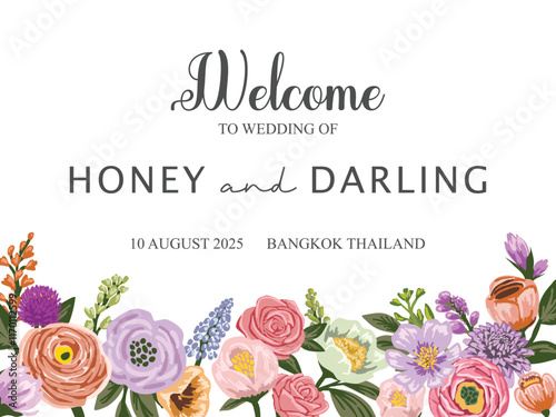 Floral wedding welcome sign template. Wedding welcome sign with flower. border, invitation. Botanical background vector illustration	